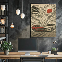 Clash of Icons Automotive Rivalry Artistic Poster PosterGoat