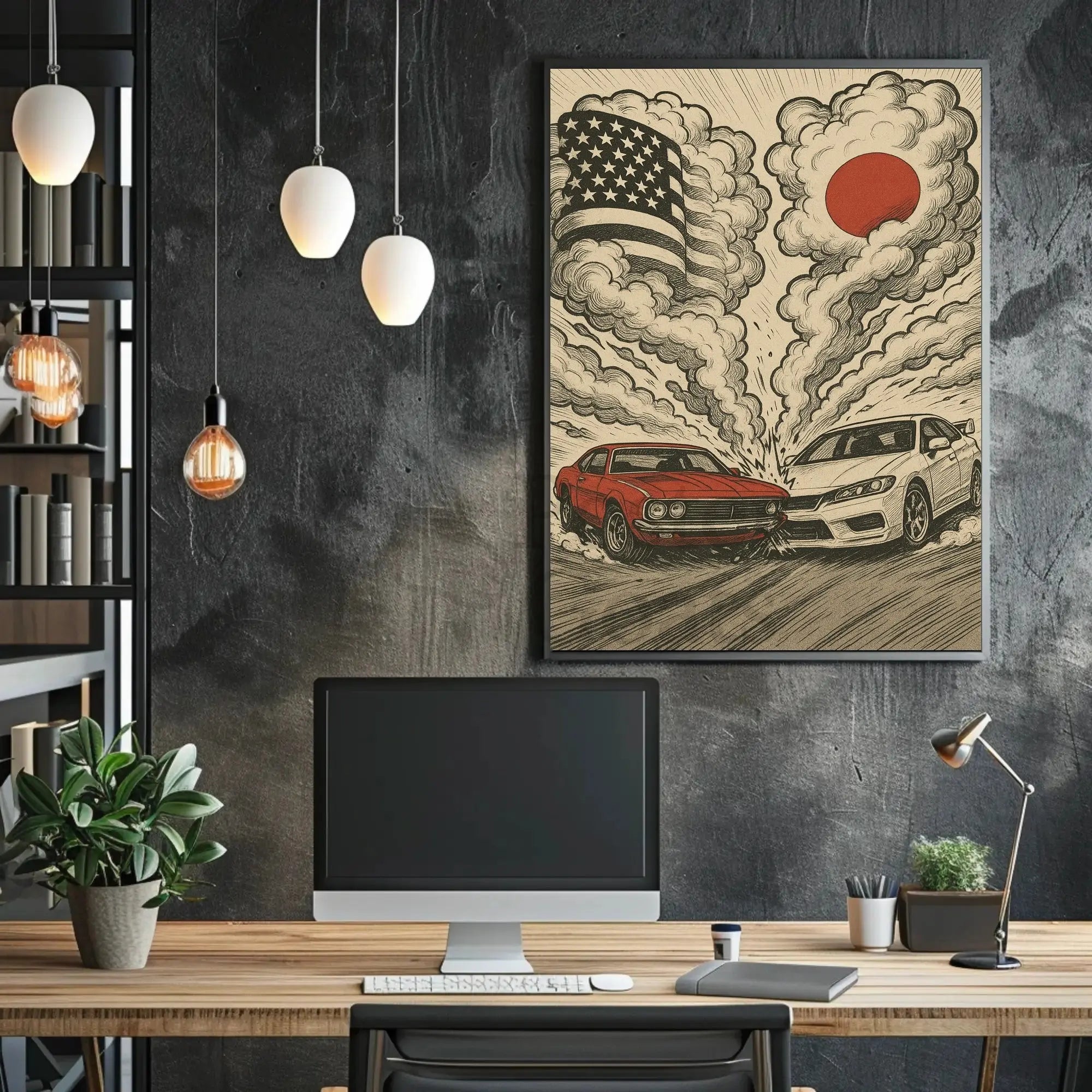 Clash of Icons Automotive Rivalry Artistic Poster PosterGoat