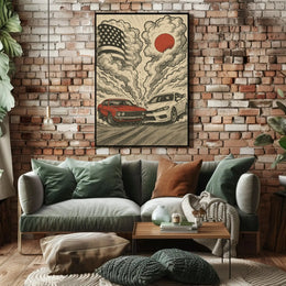 Clash of Icons Automotive Rivalry Artistic Poster PosterGoat