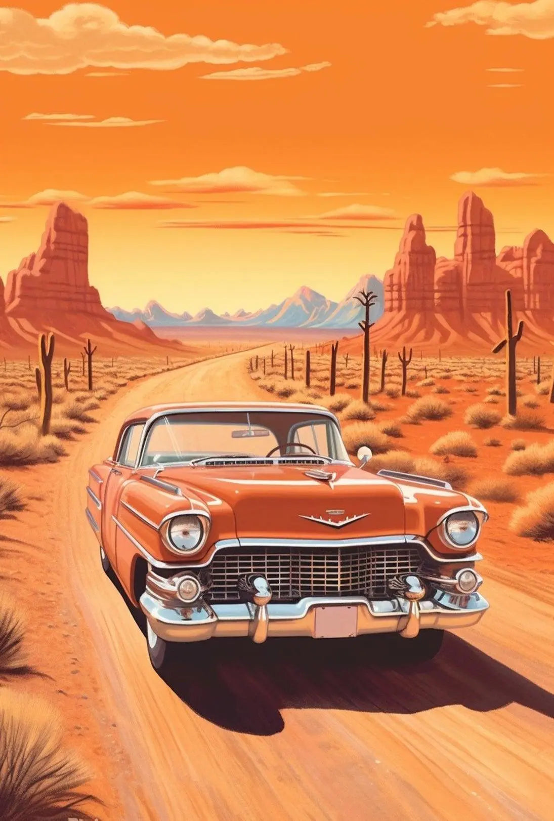 Classic Car Adventure on a Desert Road Travel Poster PosterGoat