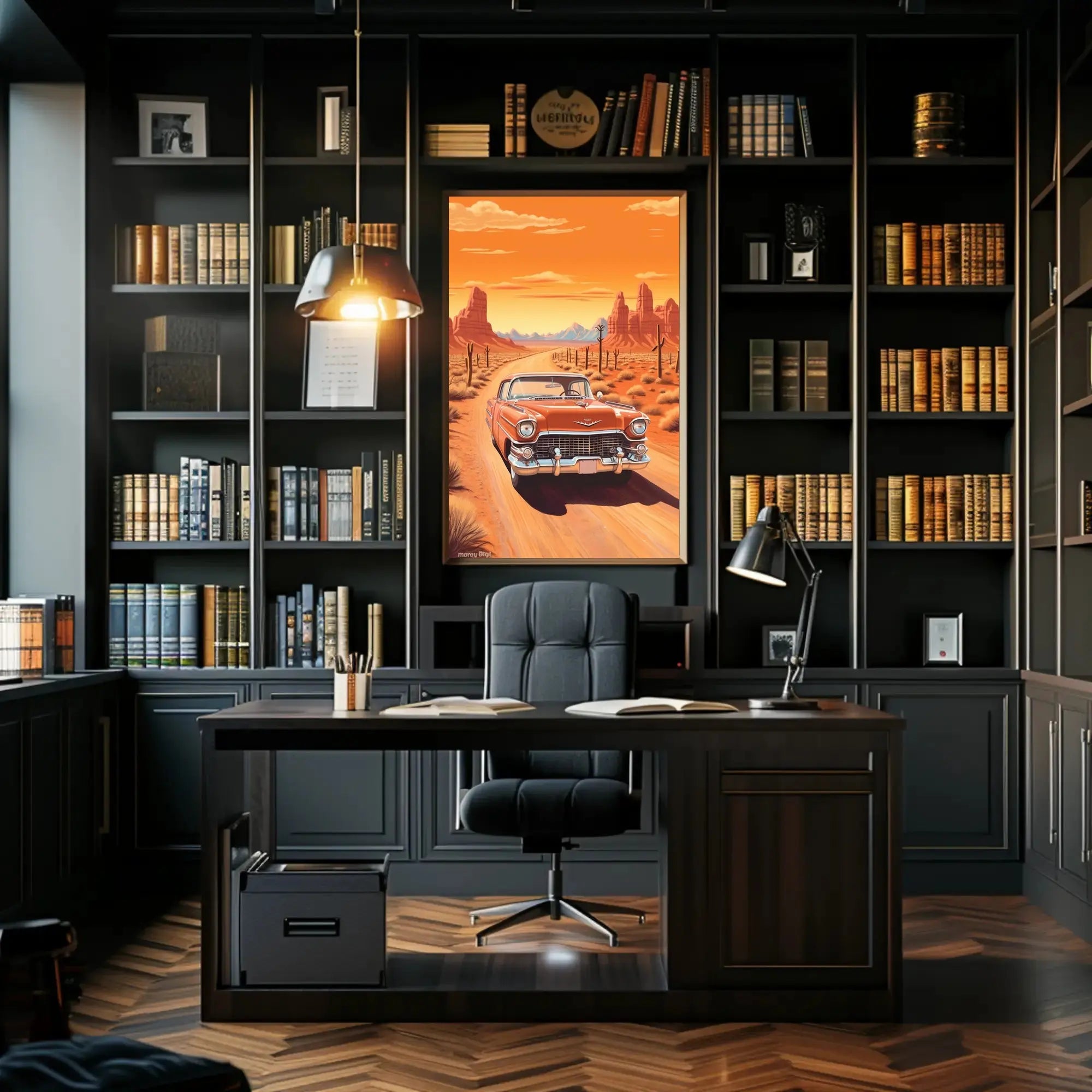 Classic Car Adventure on a Desert Road Travel Poster PosterGoat