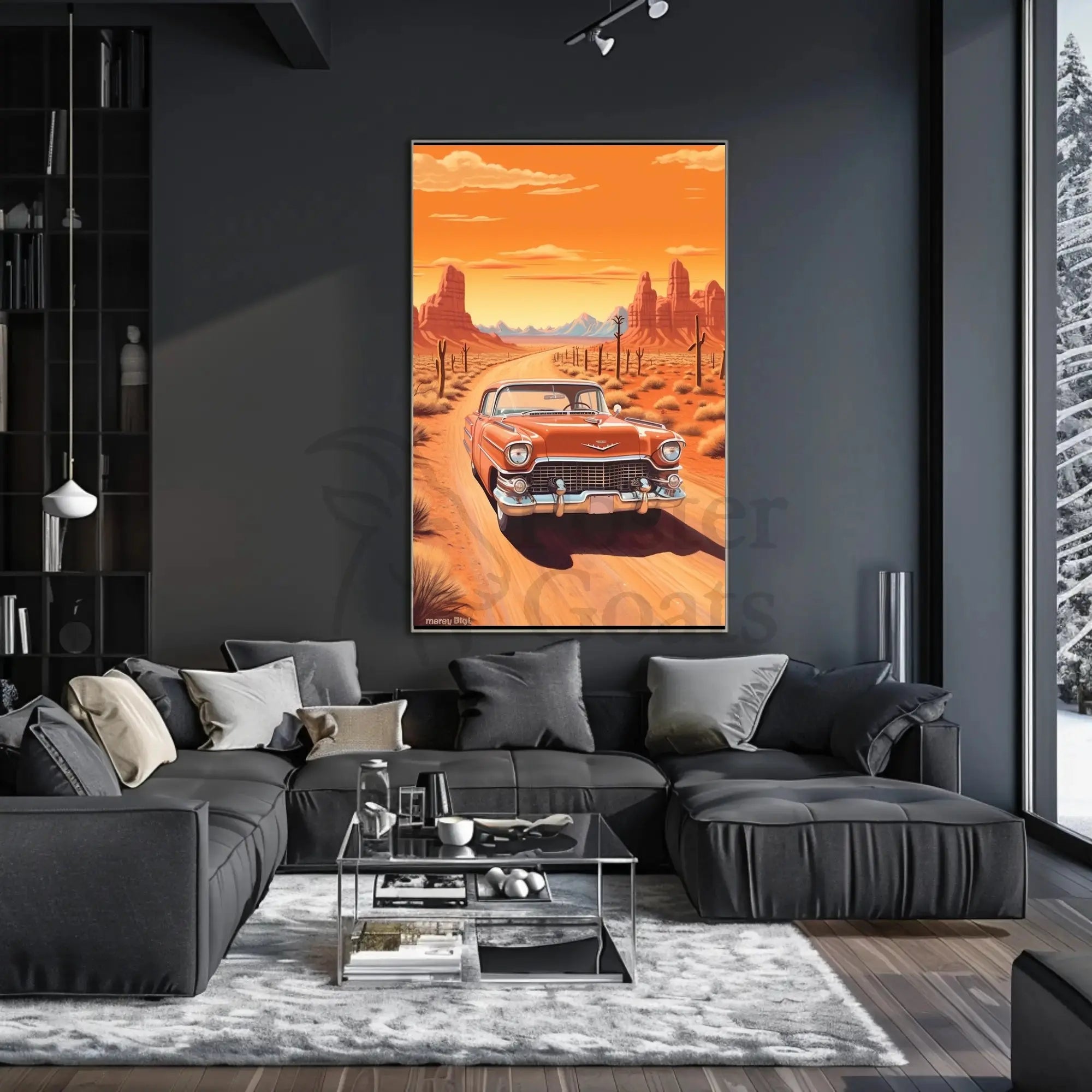 Classic Car Adventure on a Desert Road Travel Poster PosterGoat
