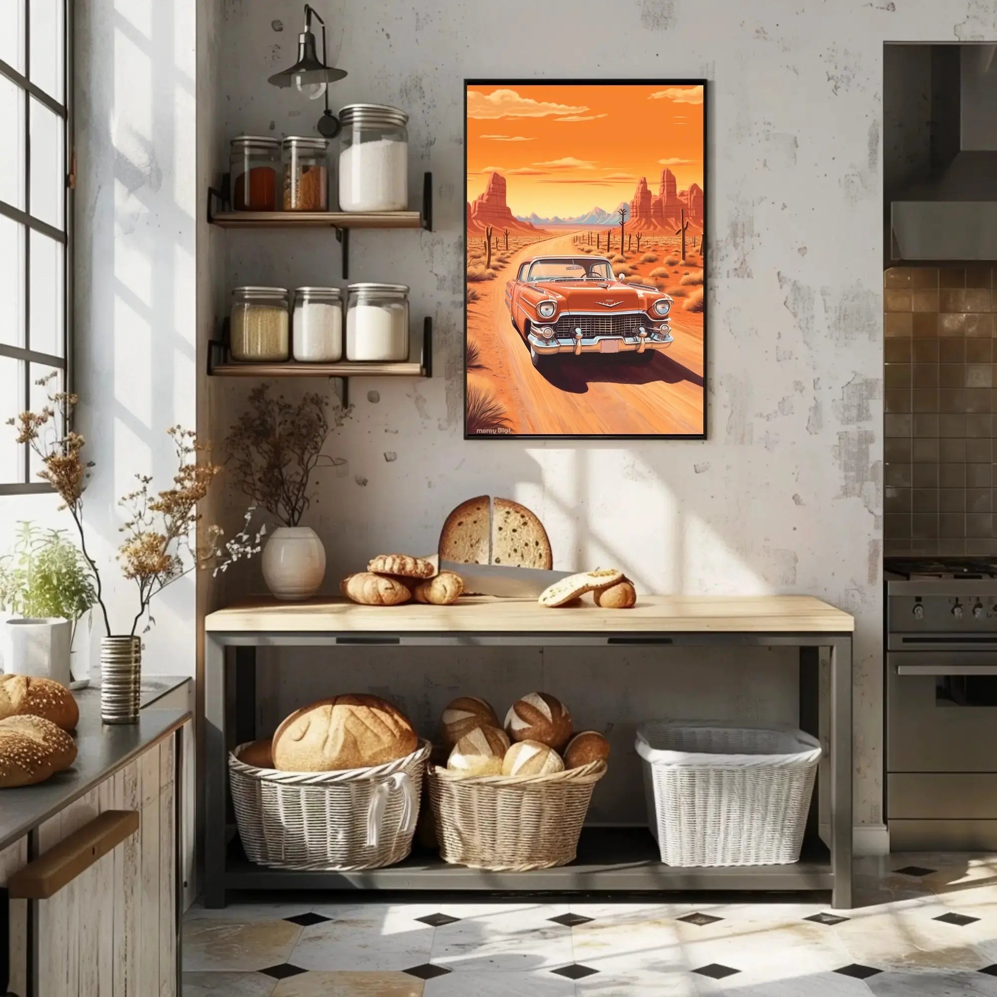 Classic Car Adventure on a Desert Road Travel Poster PosterGoat