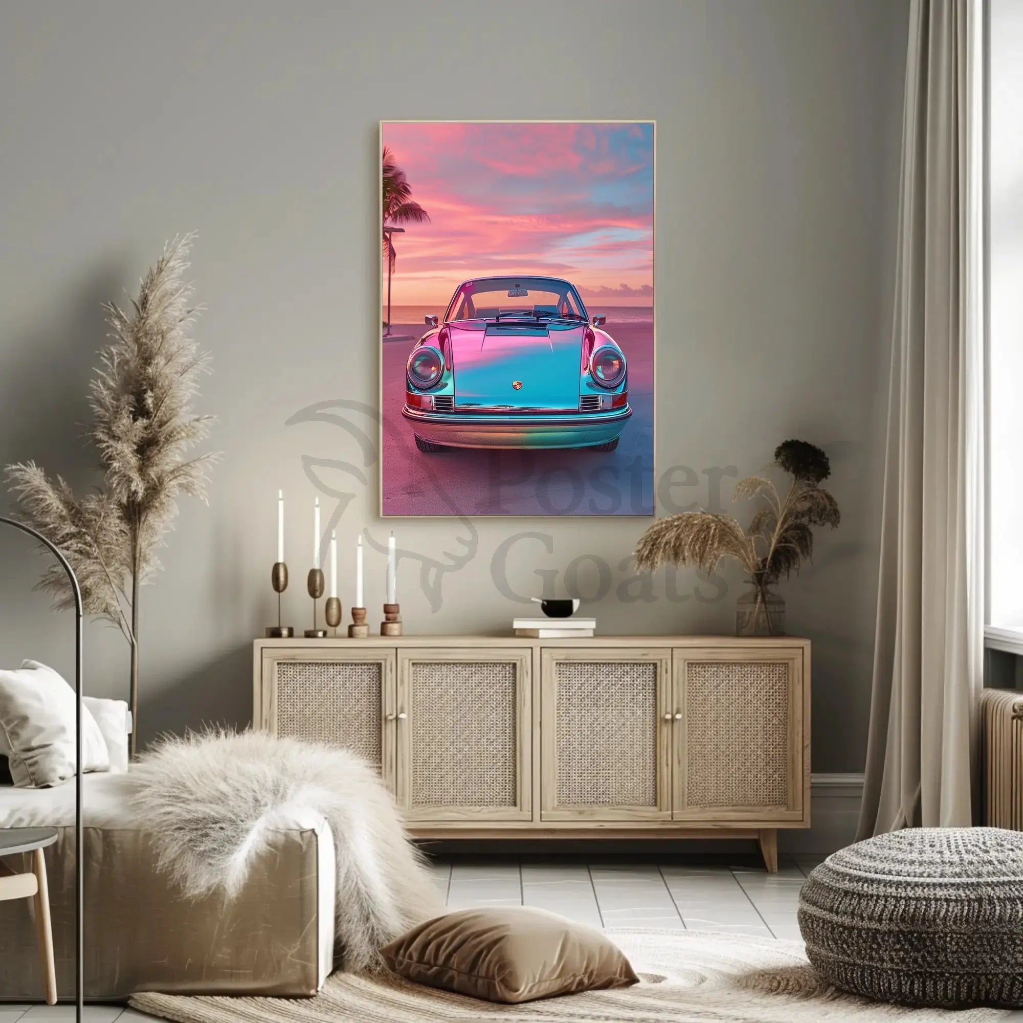 Classic Car Tropical Sunset Nostalgia Art Poster PosterGoat