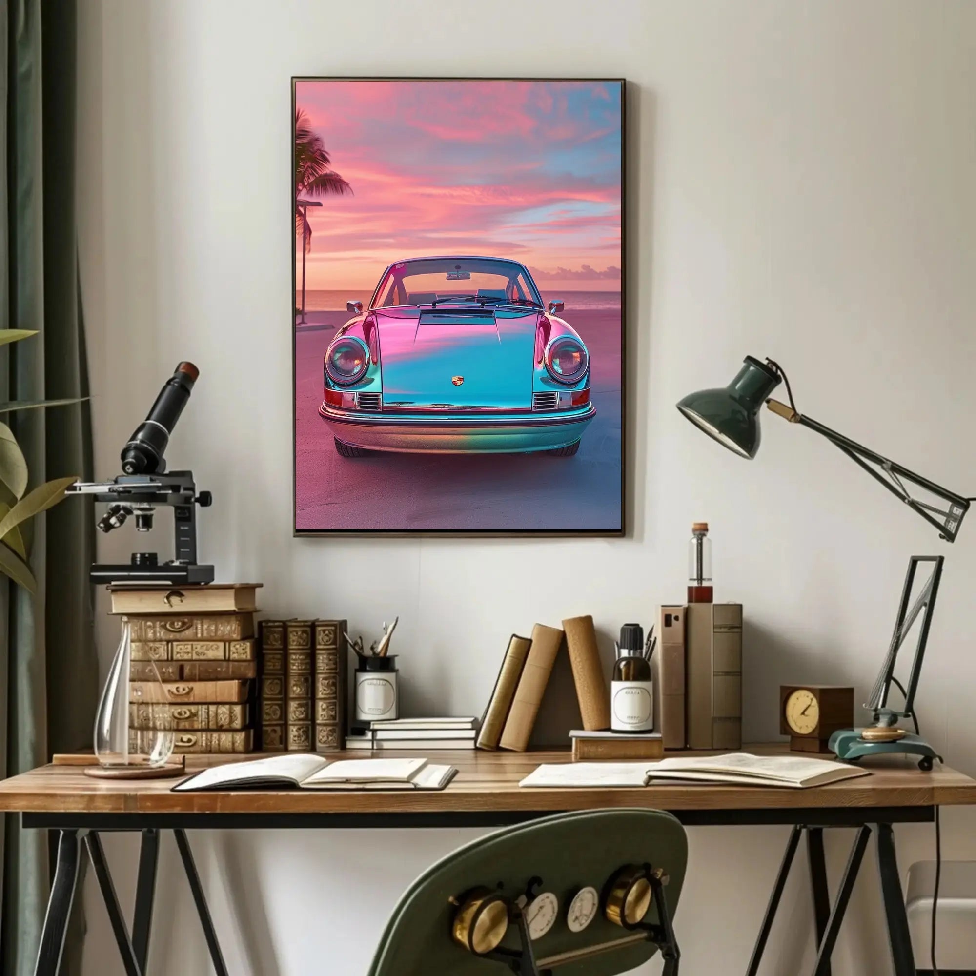 Classic Car Tropical Sunset Nostalgia Art Poster PosterGoat