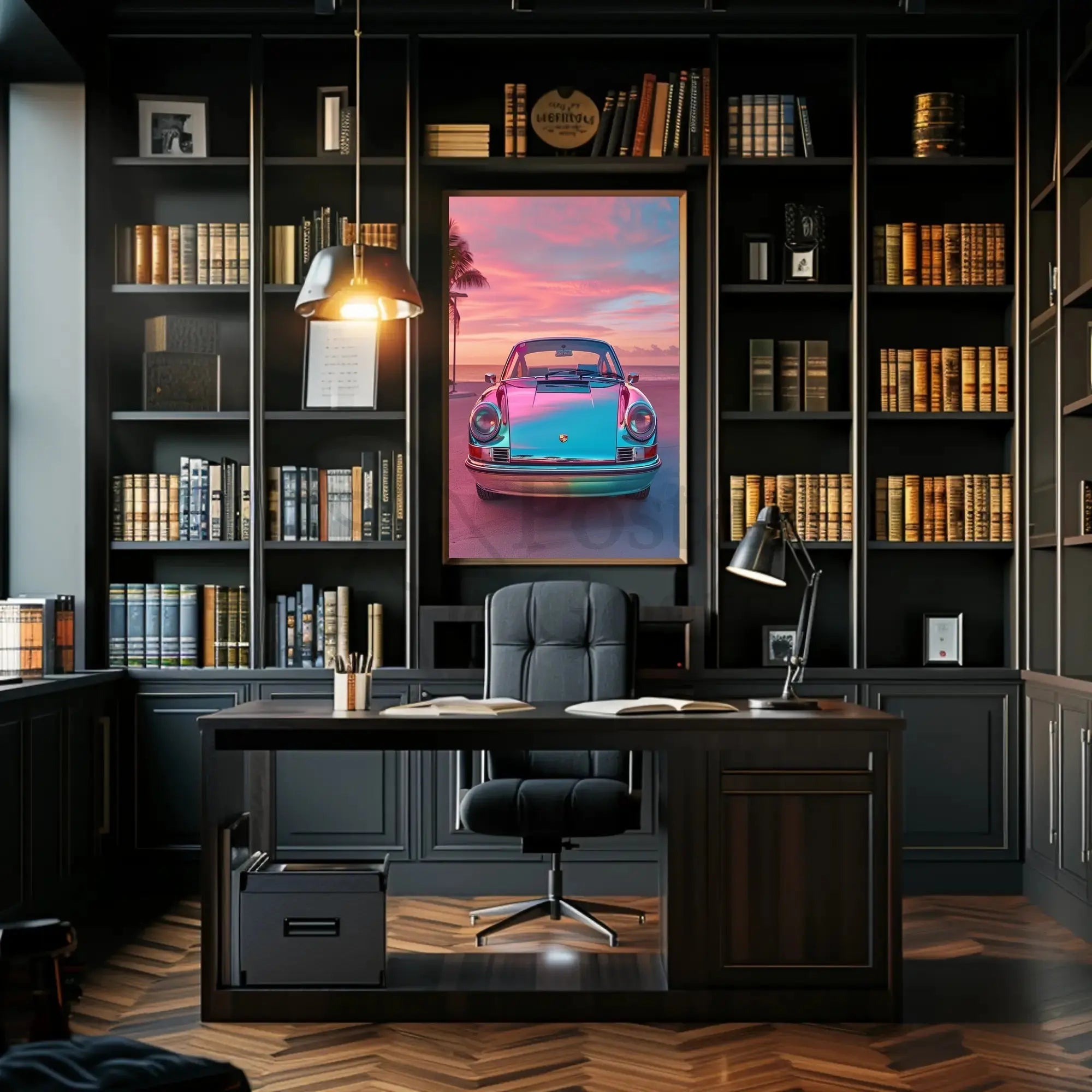 Classic Car Tropical Sunset Nostalgia Art Poster PosterGoat