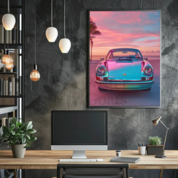 Classic Car Tropical Sunset Nostalgia Art Poster PosterGoat