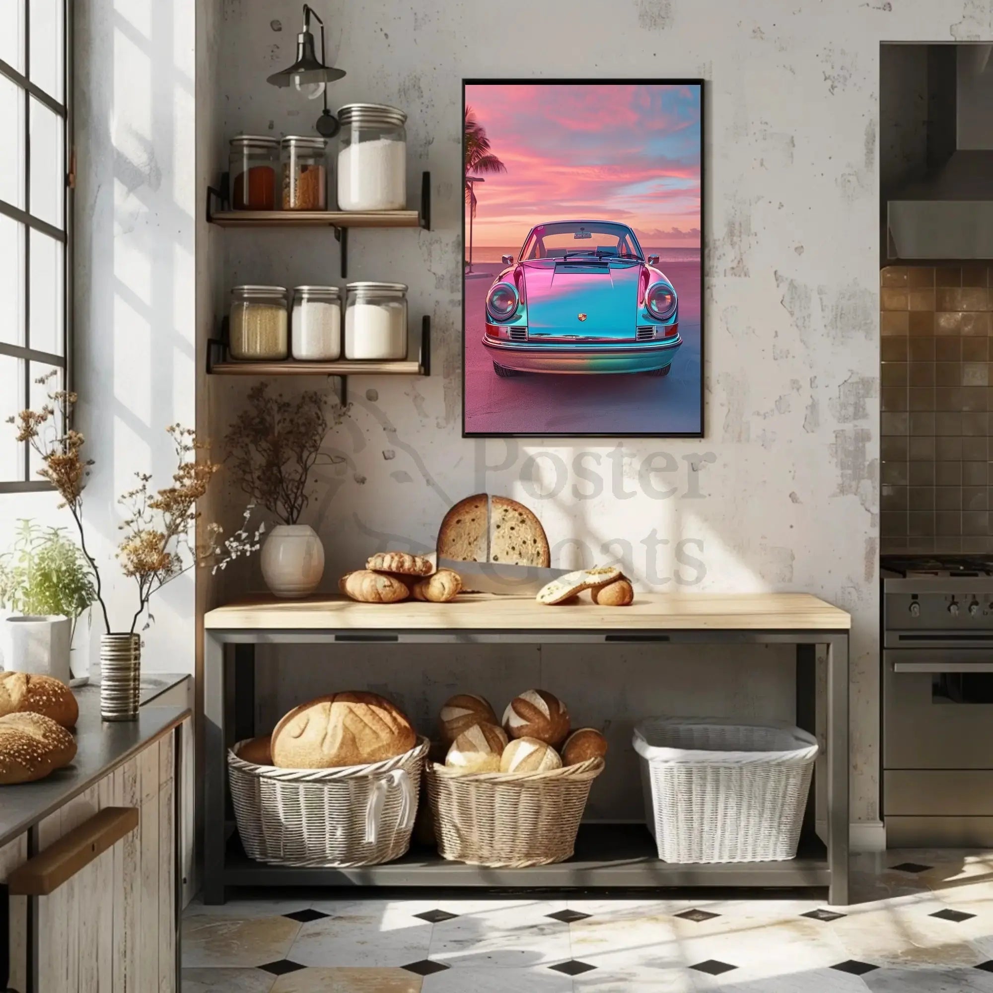 Classic Car Tropical Sunset Nostalgia Art Poster PosterGoat
