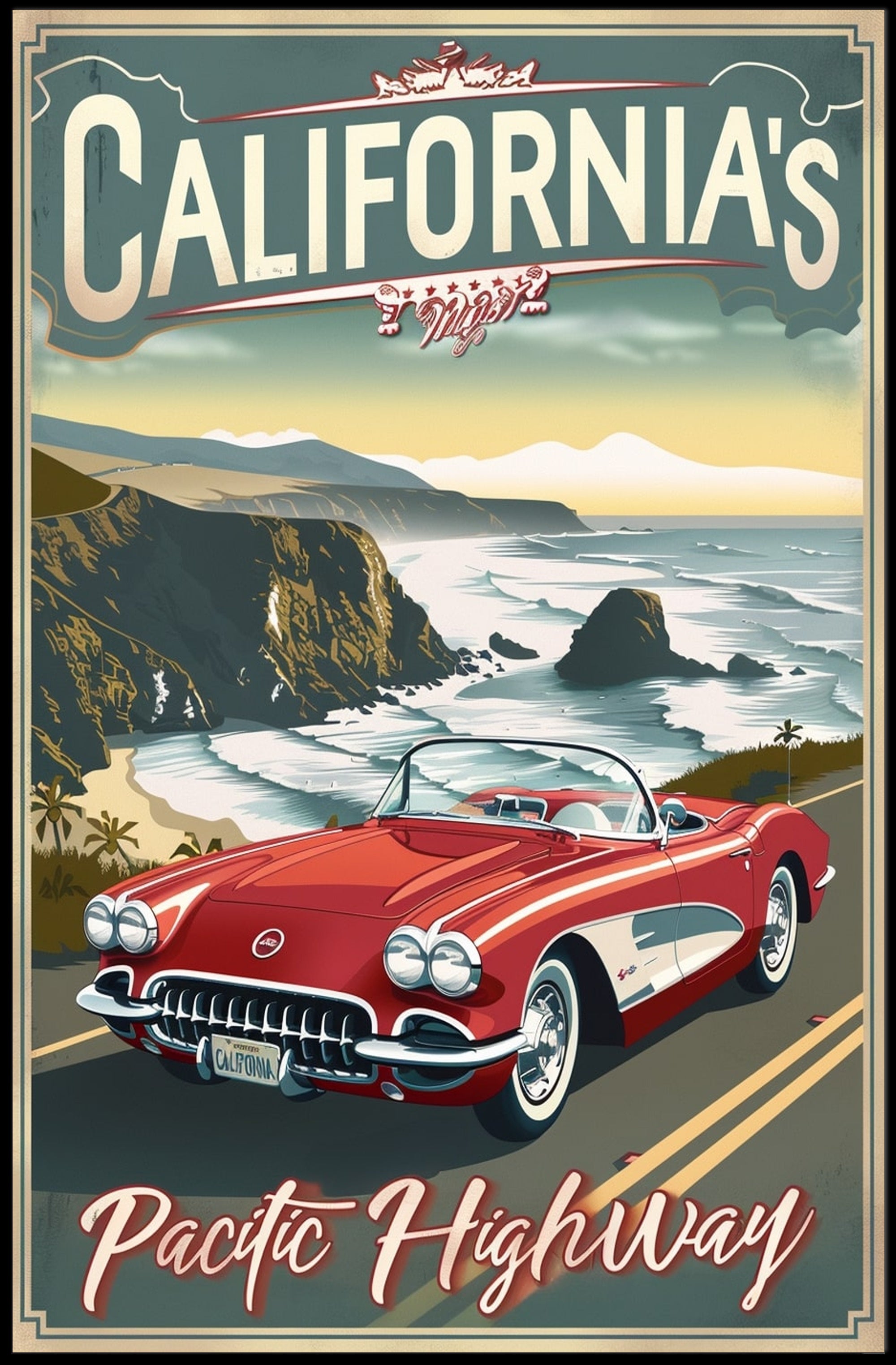 Classic Car on Pacific Highway Vintage Travel Poster PosterGoat