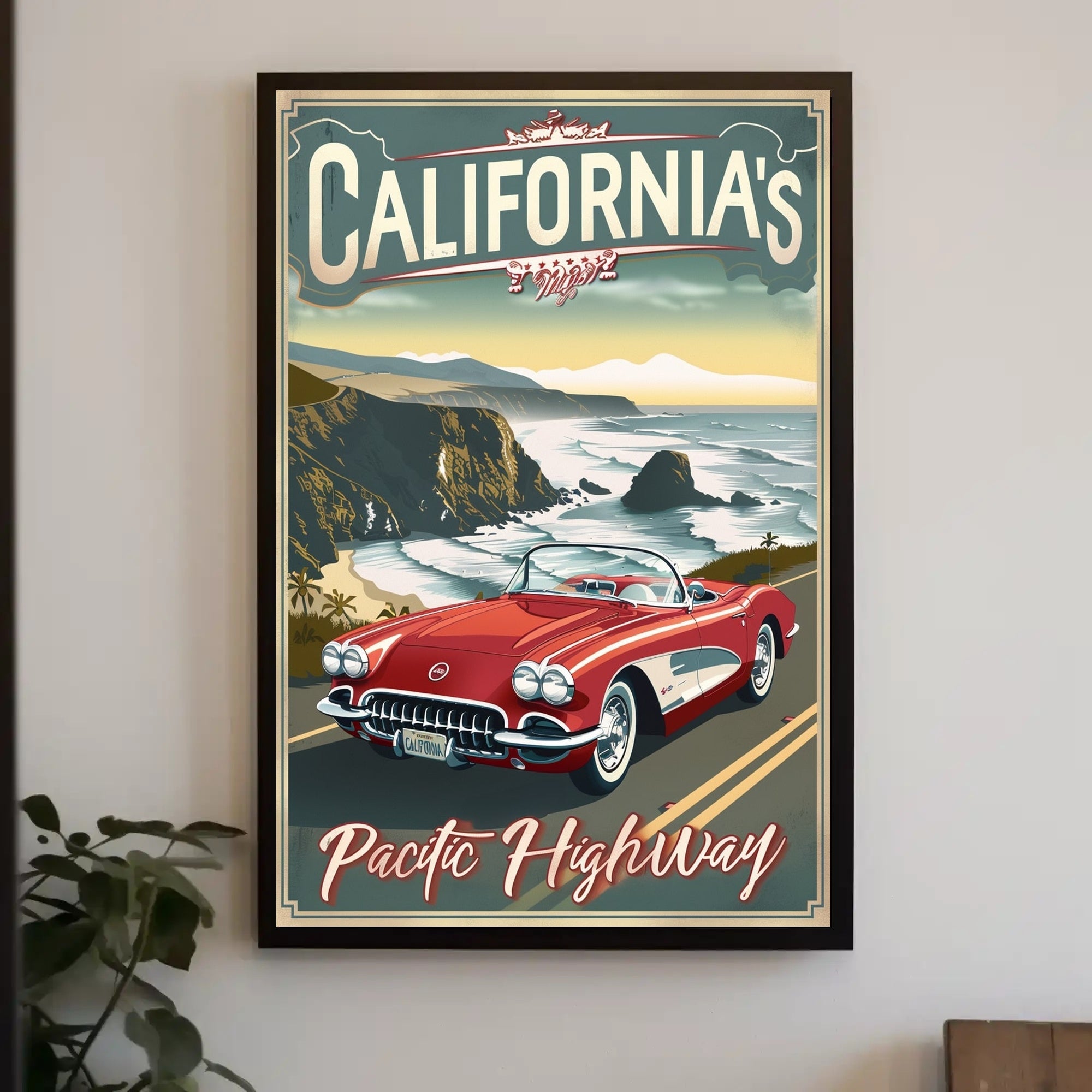 Classic Car on Pacific Highway Vintage Travel Poster PosterGoat