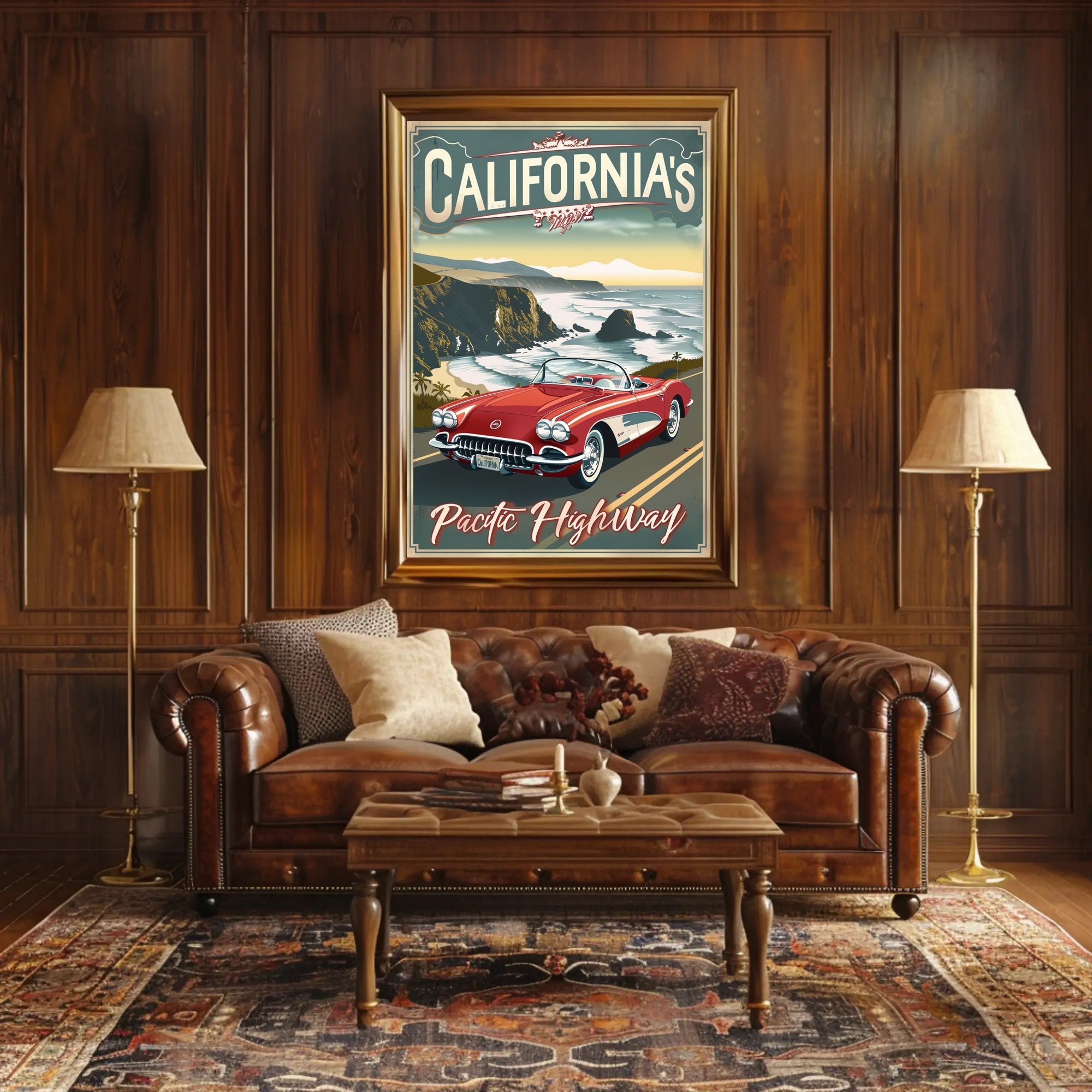 Classic Car on Pacific Highway Vintage Travel Poster PosterGoat