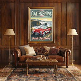 Classic Car on Pacific Highway Vintage Travel Poster PosterGoat