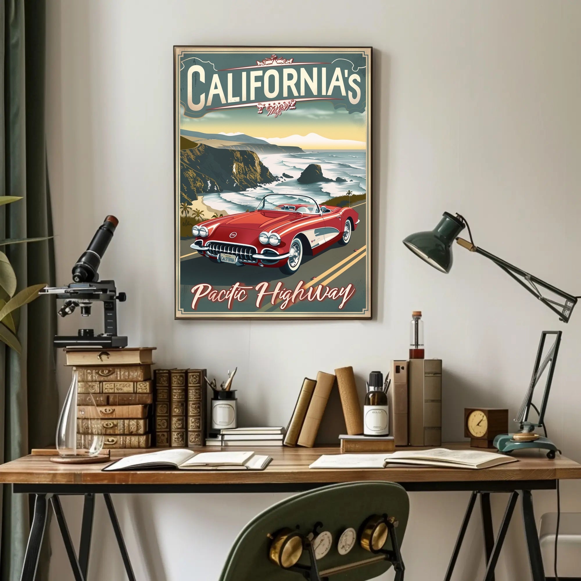 Classic Car on Pacific Highway Vintage Travel Poster PosterGoat