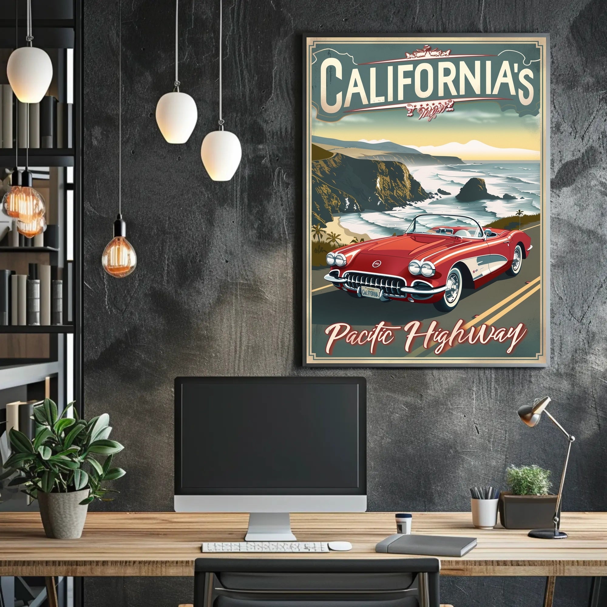 Classic Car on Pacific Highway Vintage Travel Poster PosterGoat