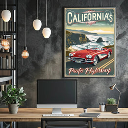 Classic Car on Pacific Highway Vintage Travel Poster PosterGoat