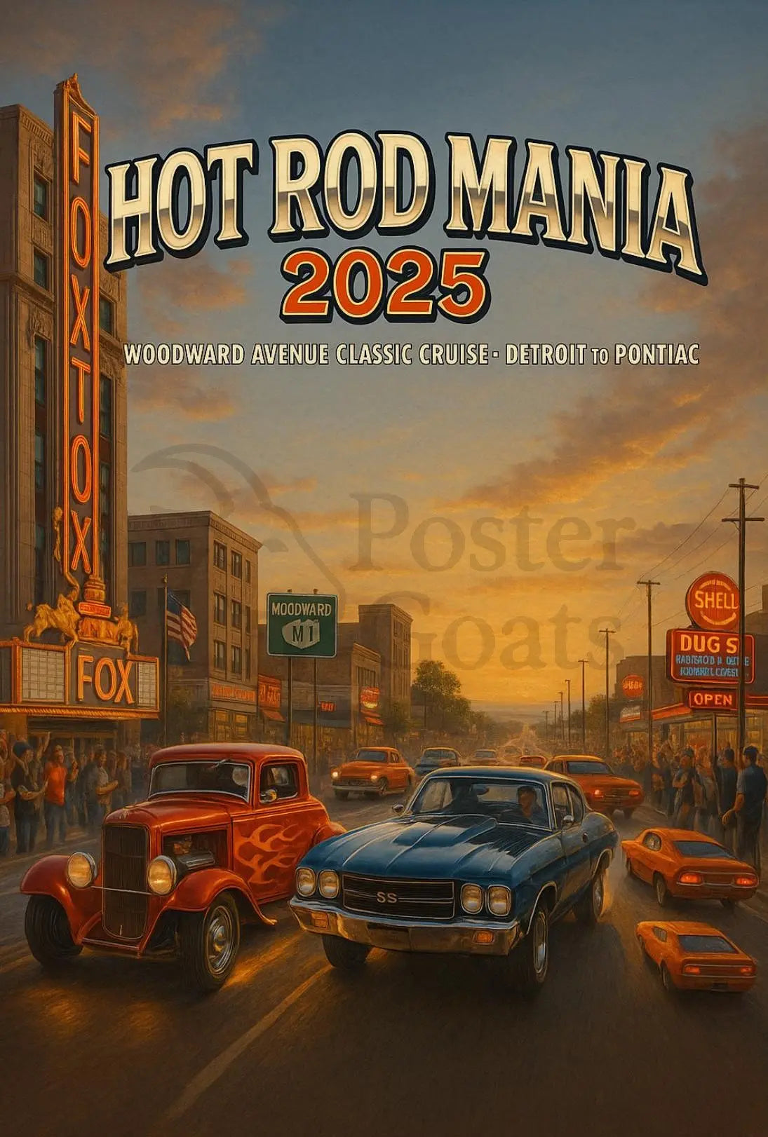 Classic Cars Nostalgia in Vintage City Street Artistic Poster PosterGoat
