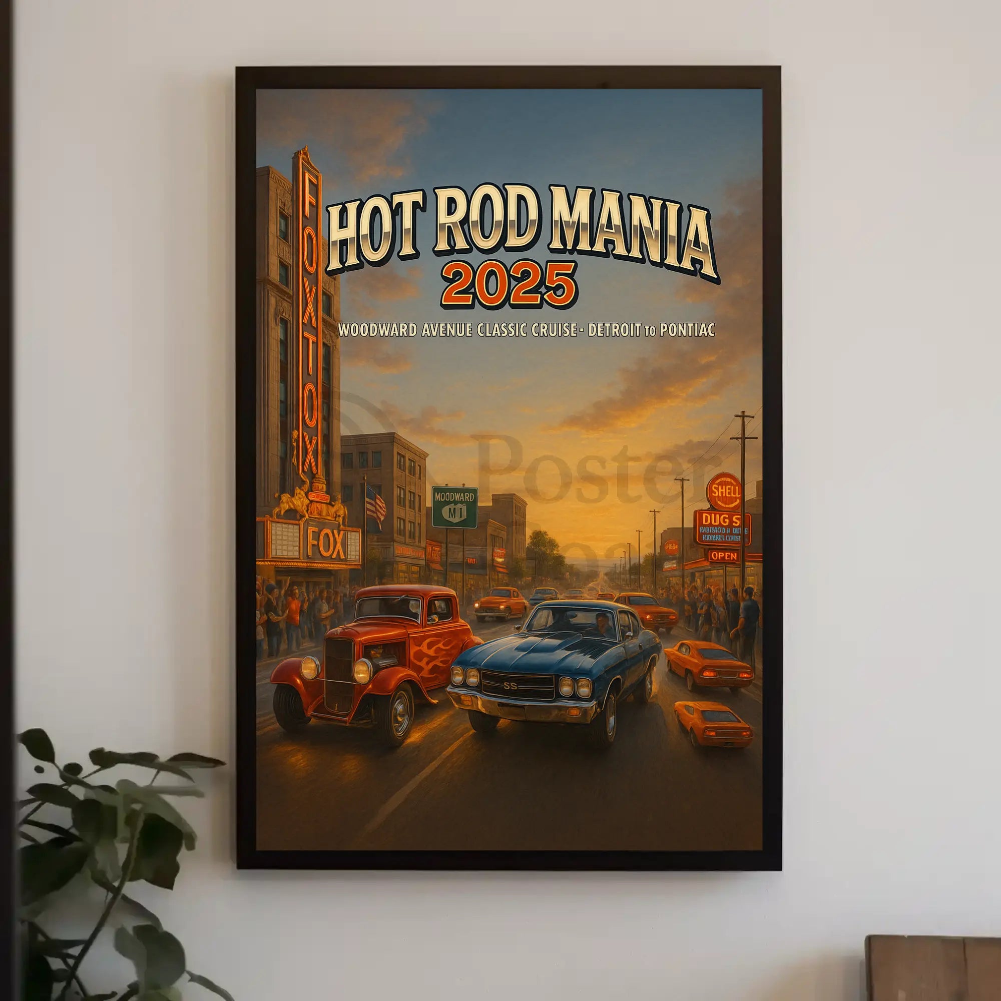 Classic Cars Nostalgia in Vintage City Street Artistic Poster PosterGoat