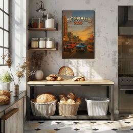 Classic Cars Nostalgia in Vintage City Street Artistic Poster PosterGoat