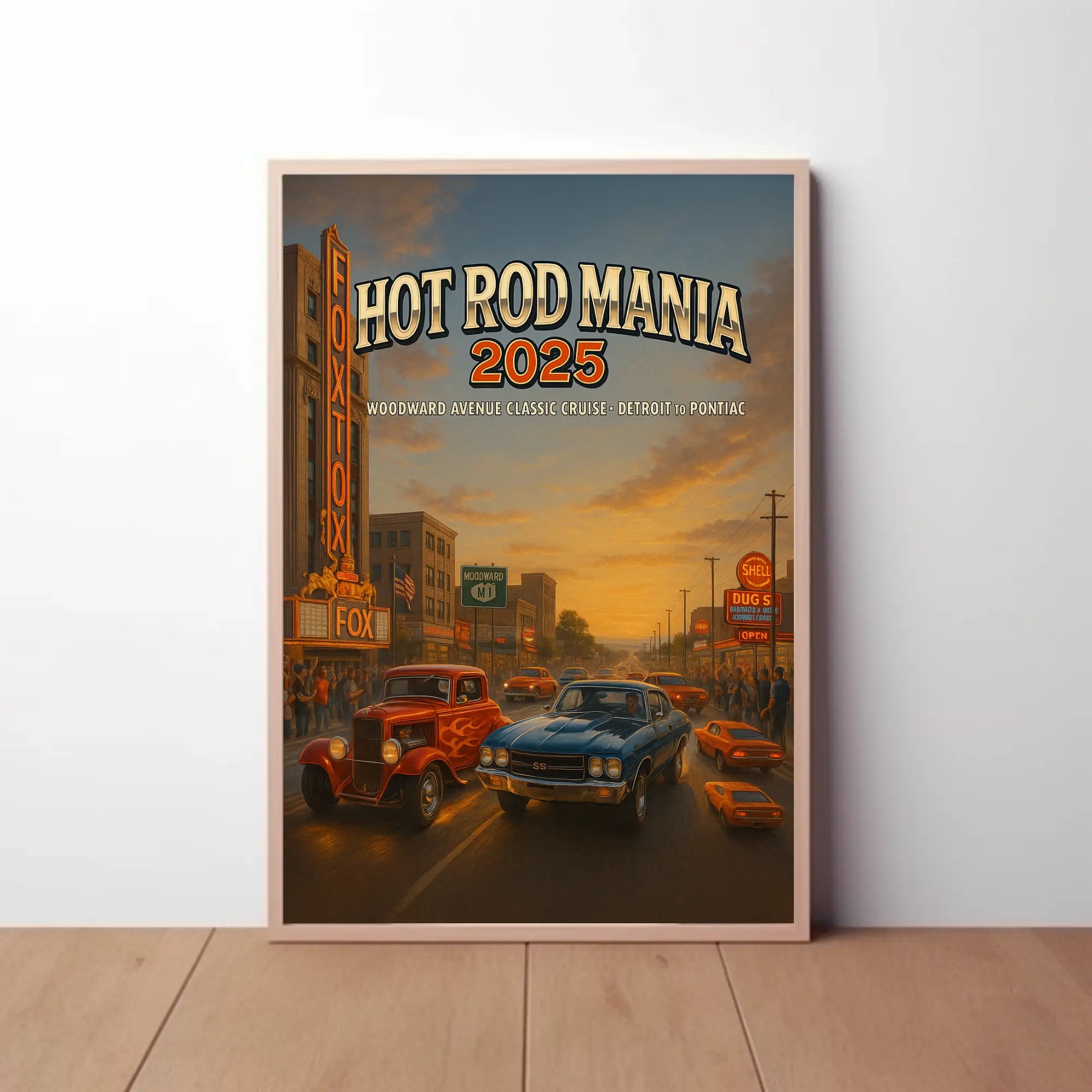 Classic Cars Nostalgia in Vintage City Street Artistic Poster PosterGoat