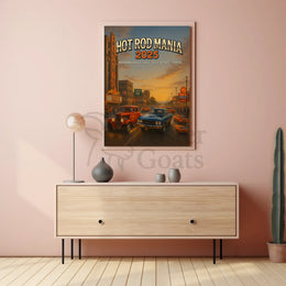 Classic Cars Nostalgia in Vintage City Street Artistic Poster PosterGoat