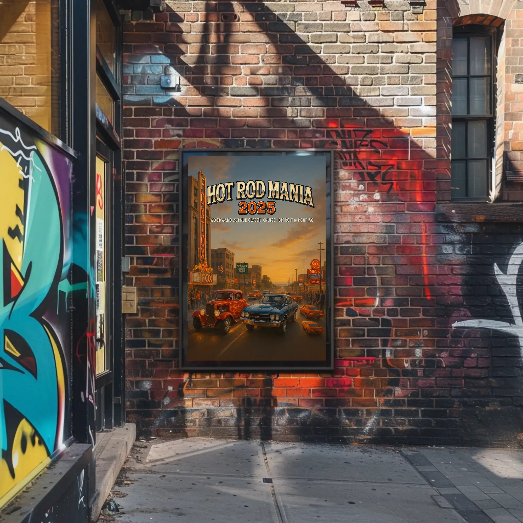 Classic Cars Nostalgia in Vintage City Street Artistic Poster PosterGoat