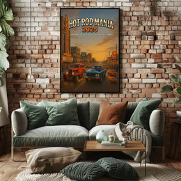 Classic Cars Nostalgia in Vintage City Street Artistic Poster PosterGoat