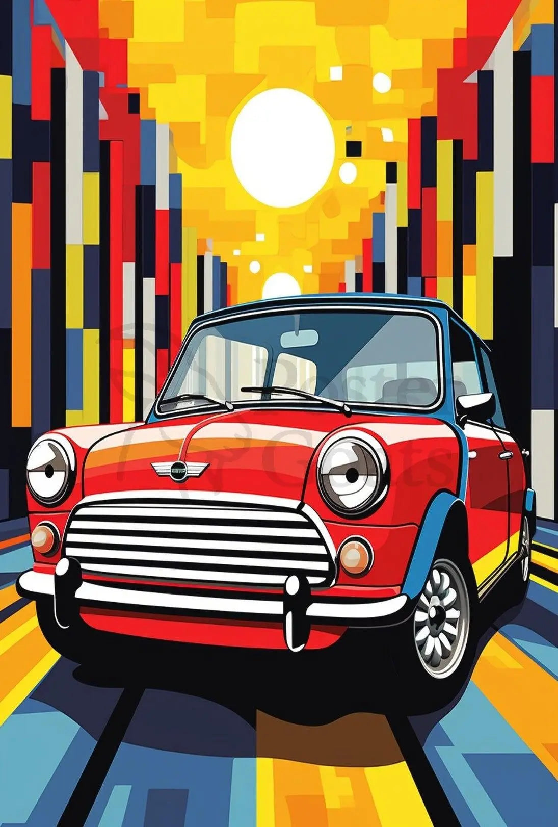Classic Mini Cooper in Vibrant City Pop Culture Poster PosterGoat