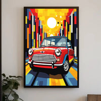 Classic Mini Cooper in Vibrant City Pop Culture Poster PosterGoat