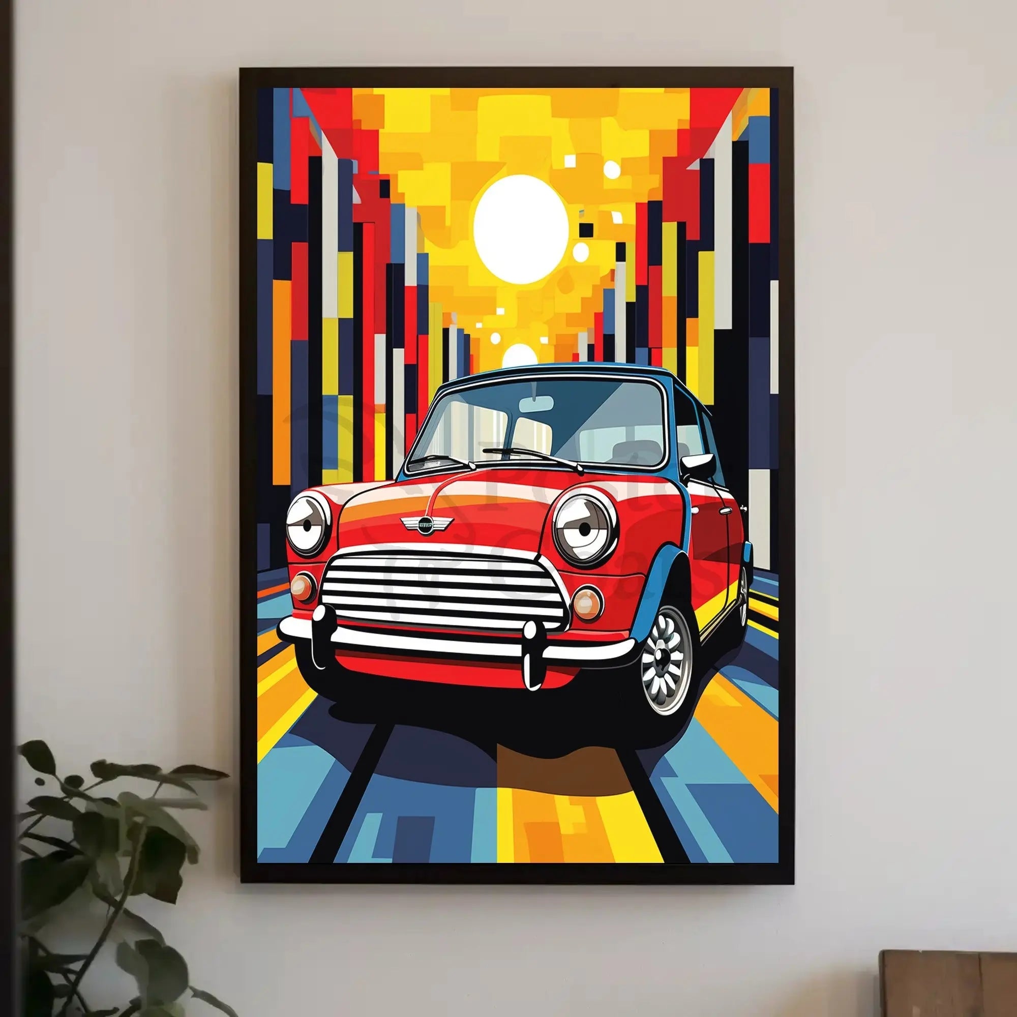 Classic Mini Cooper in Vibrant City Pop Culture Poster PosterGoat