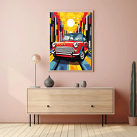 Classic Mini Cooper in Vibrant City Pop Culture Poster PosterGoat