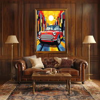 Classic Mini Cooper in Vibrant City Pop Culture Poster PosterGoat