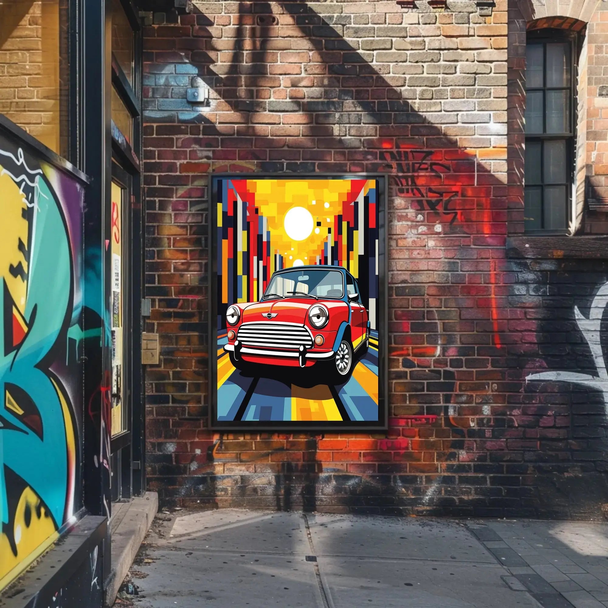 Classic Mini Cooper in Vibrant City Pop Culture Poster PosterGoat