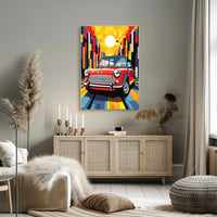 Classic Mini Cooper in Vibrant City Pop Culture Poster PosterGoat