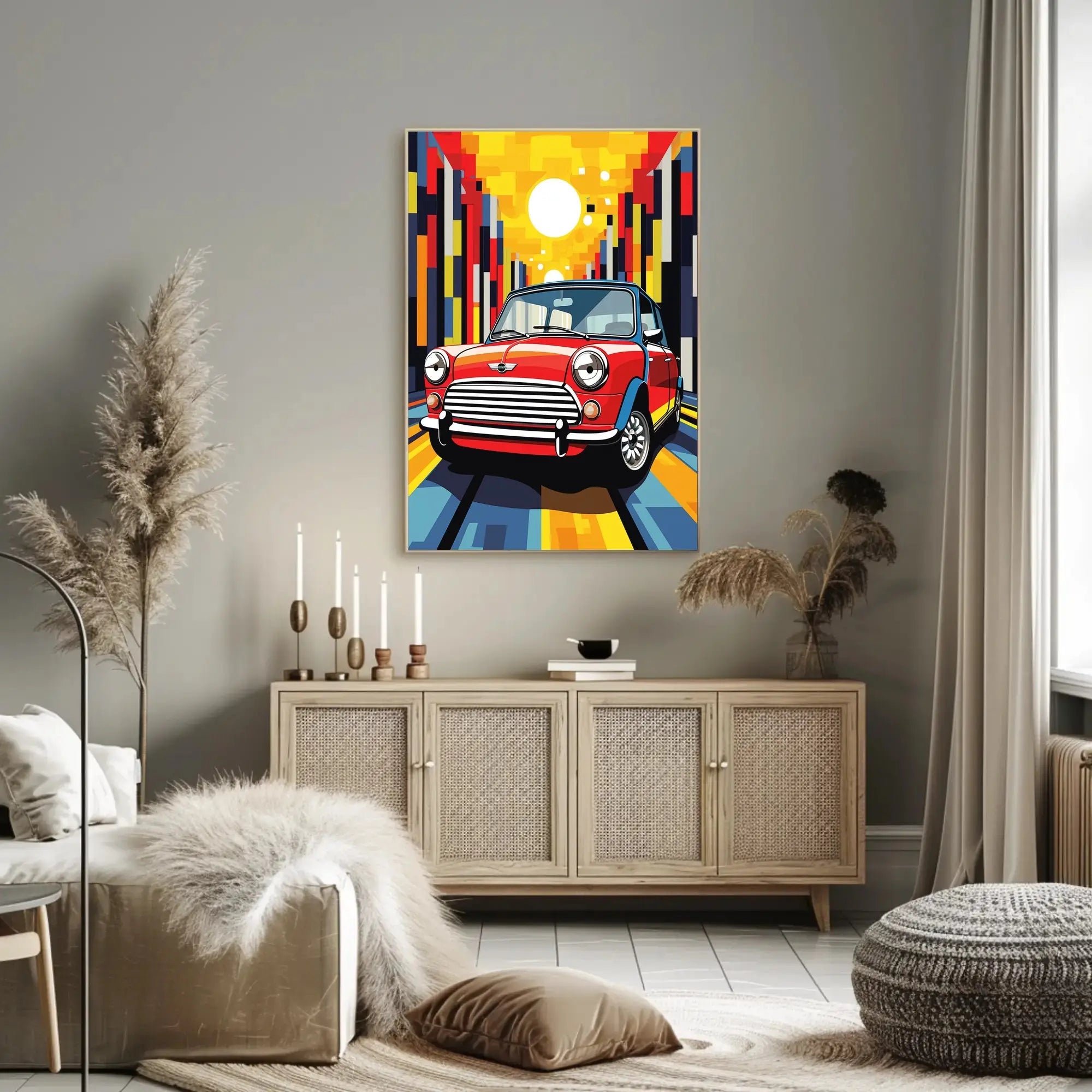 Classic Mini Cooper in Vibrant City Pop Culture Poster PosterGoat