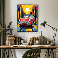Classic Mini Cooper in Vibrant City Pop Culture Poster PosterGoat