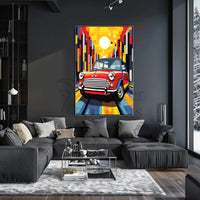 Classic Mini Cooper in Vibrant City Pop Culture Poster PosterGoat
