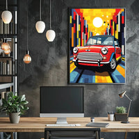 Classic Mini Cooper in Vibrant City Pop Culture Poster PosterGoat