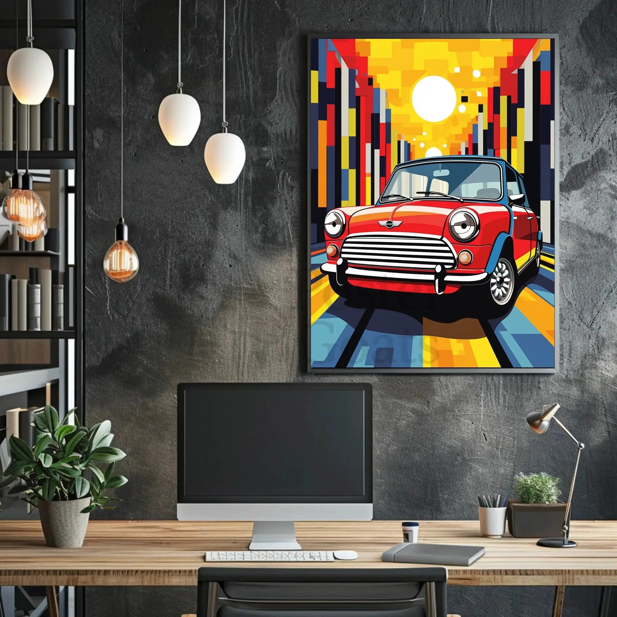 Classic Mini Cooper in Vibrant City Pop Culture Poster PosterGoat