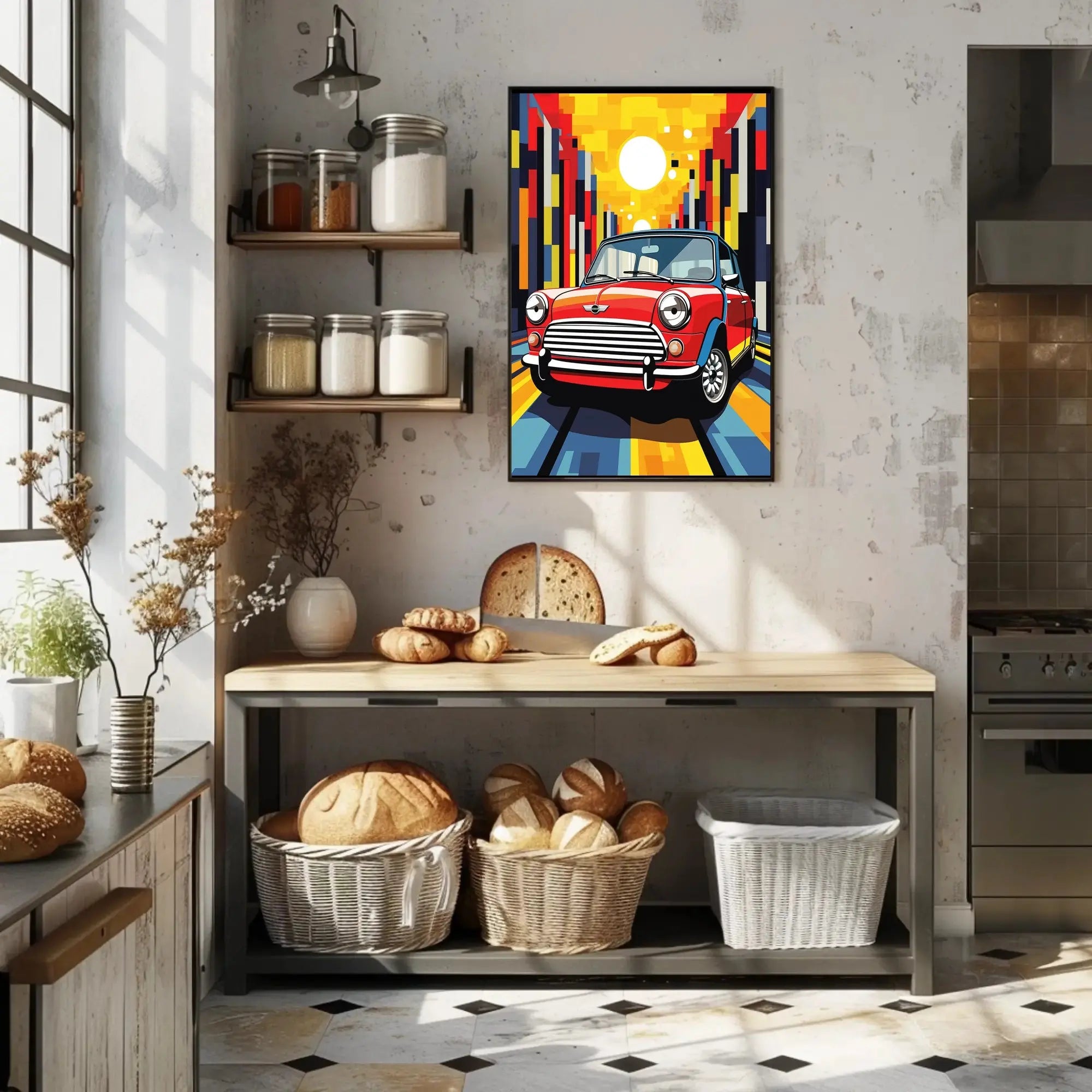 Classic Mini Cooper in Vibrant City Pop Culture Poster PosterGoat
