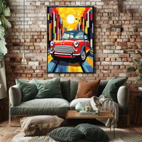 Classic Mini Cooper in Vibrant City Pop Culture Poster PosterGoat