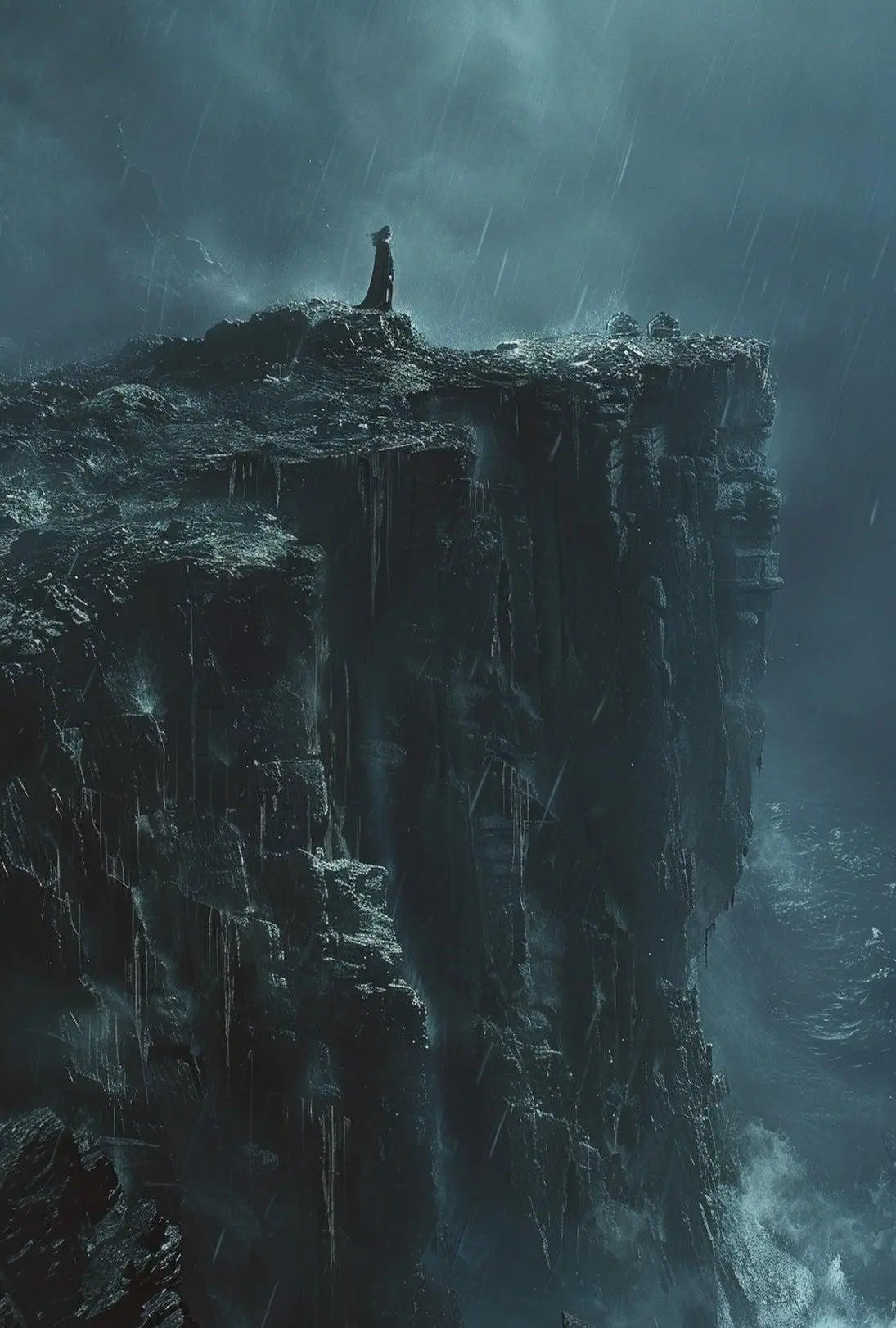 Cliffside Contemplation during Stormy Seas Artistic Poster PosterGoat