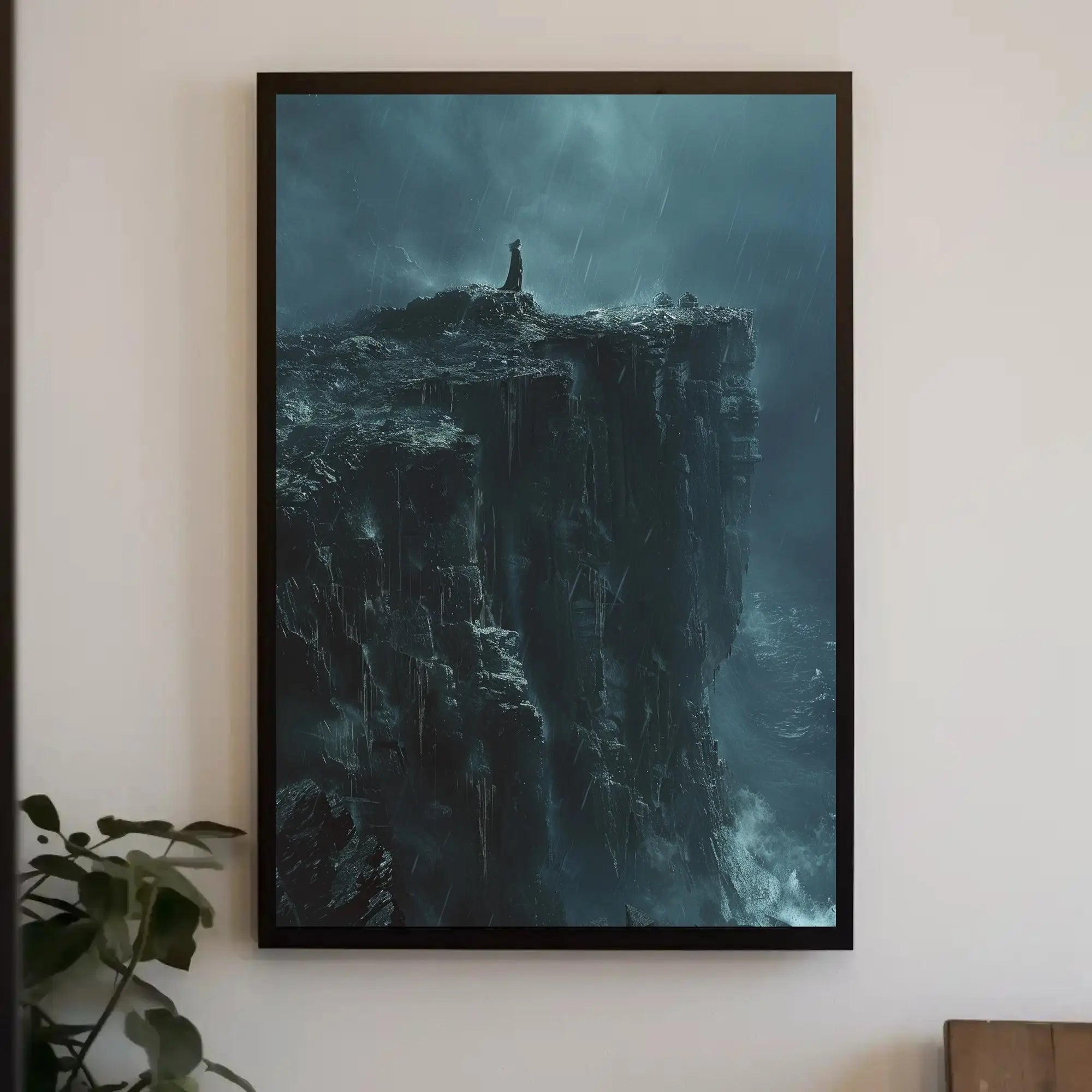 Cliffside Contemplation during Stormy Seas Artistic Poster PosterGoat