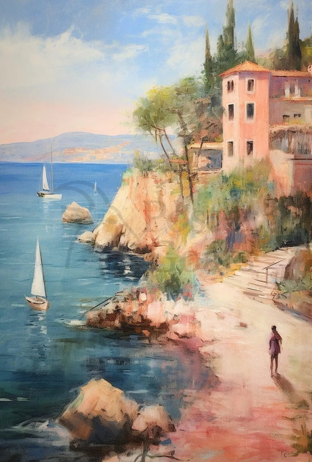 Coastal Retreat in Mediterranean Impressionistic Artistic Poster PosterGoat