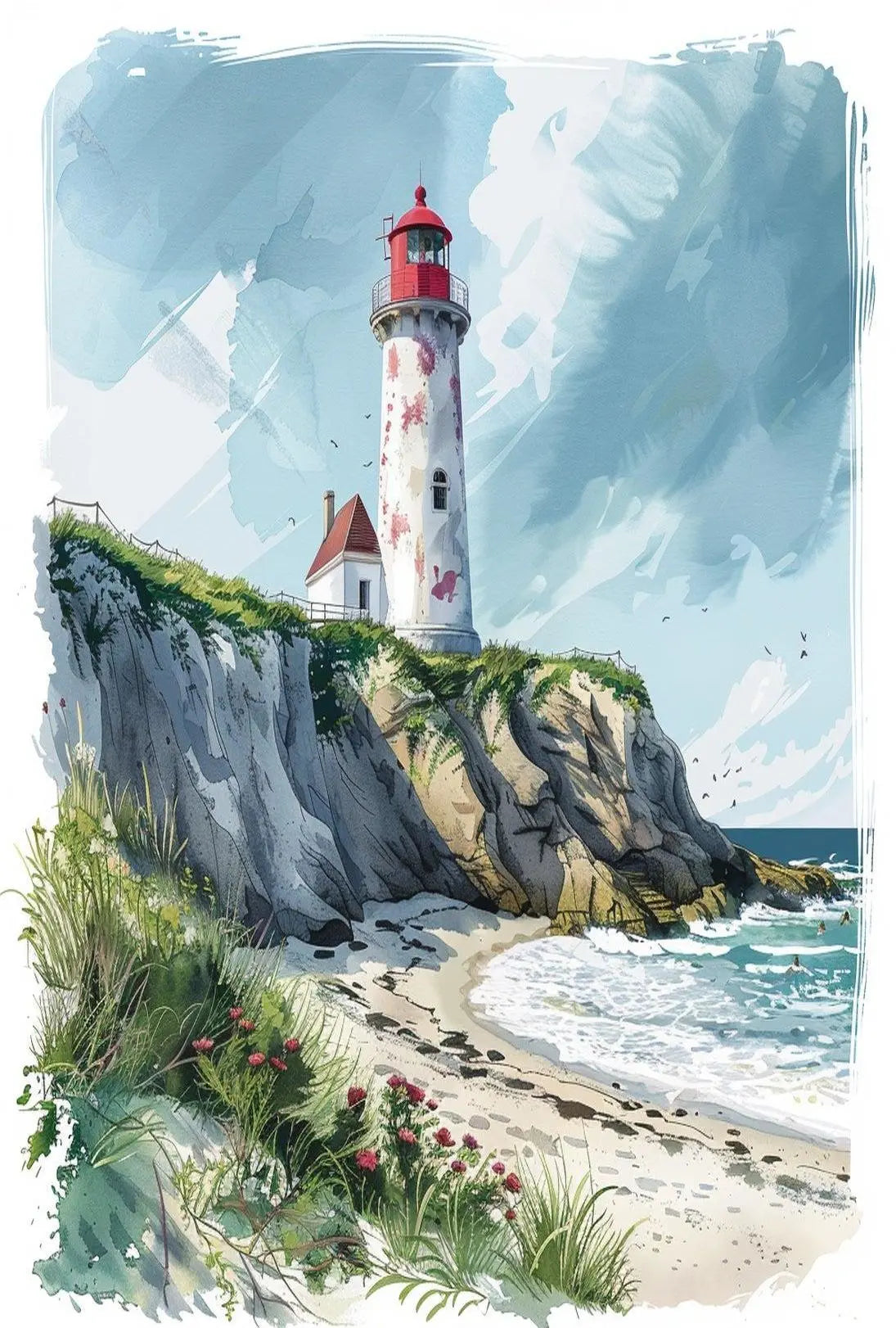 Coastal Scene with Lighthouse in Artistic Travel Poster PosterGoat
