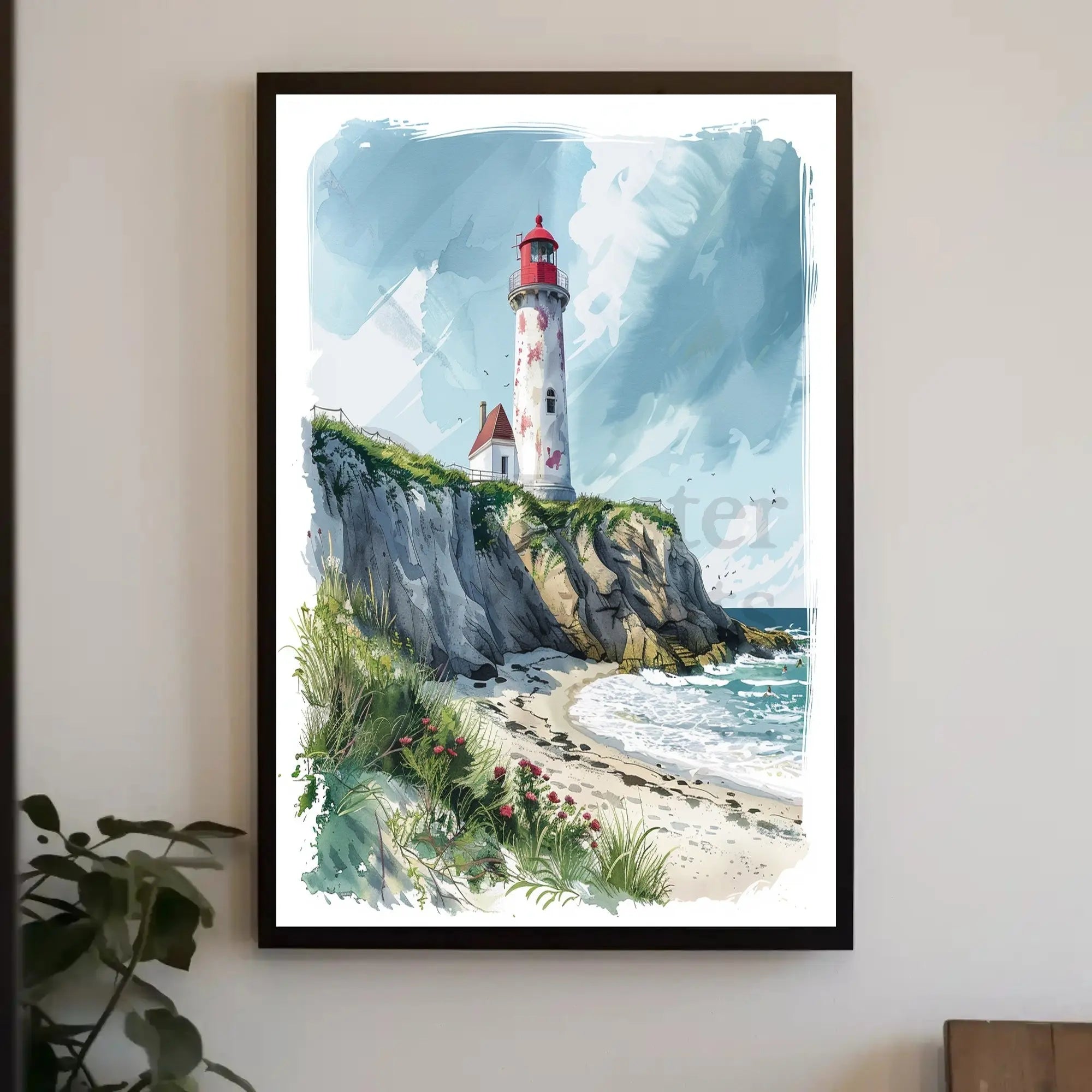 Coastal Scene with Lighthouse in Artistic Travel Poster PosterGoat