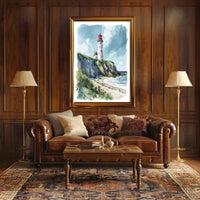 Coastal Scene with Lighthouse in Artistic Travel Poster PosterGoat