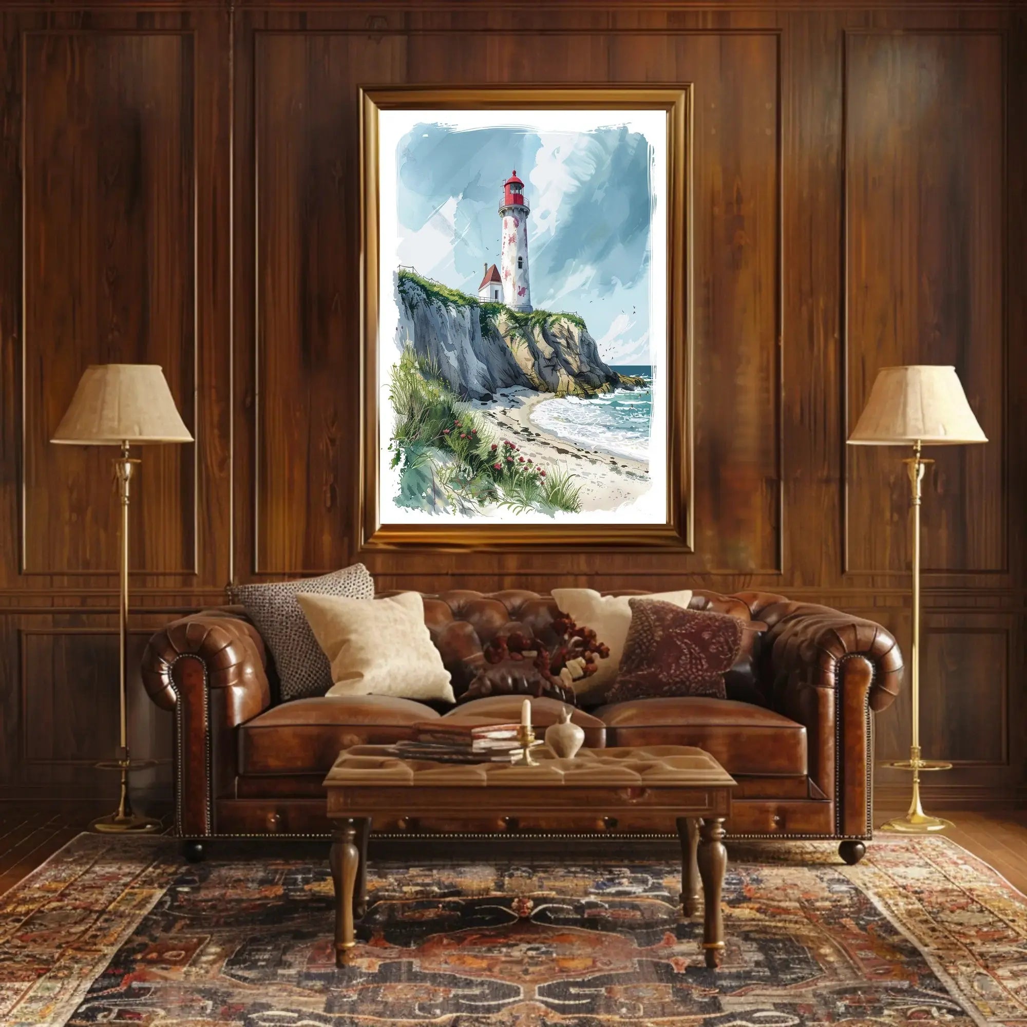 Coastal Scene with Lighthouse in Artistic Travel Poster PosterGoat