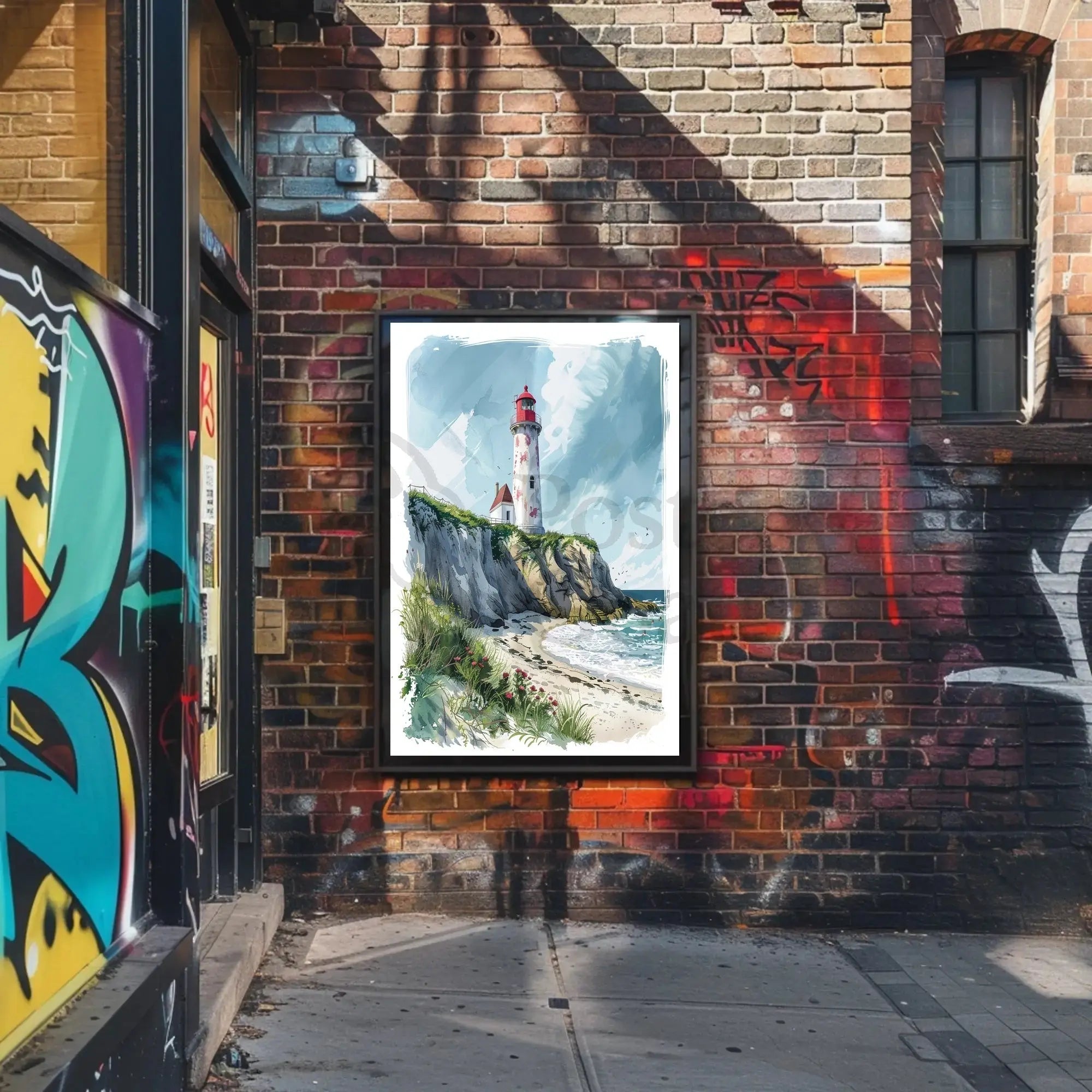 Coastal Scene with Lighthouse in Artistic Travel Poster PosterGoat