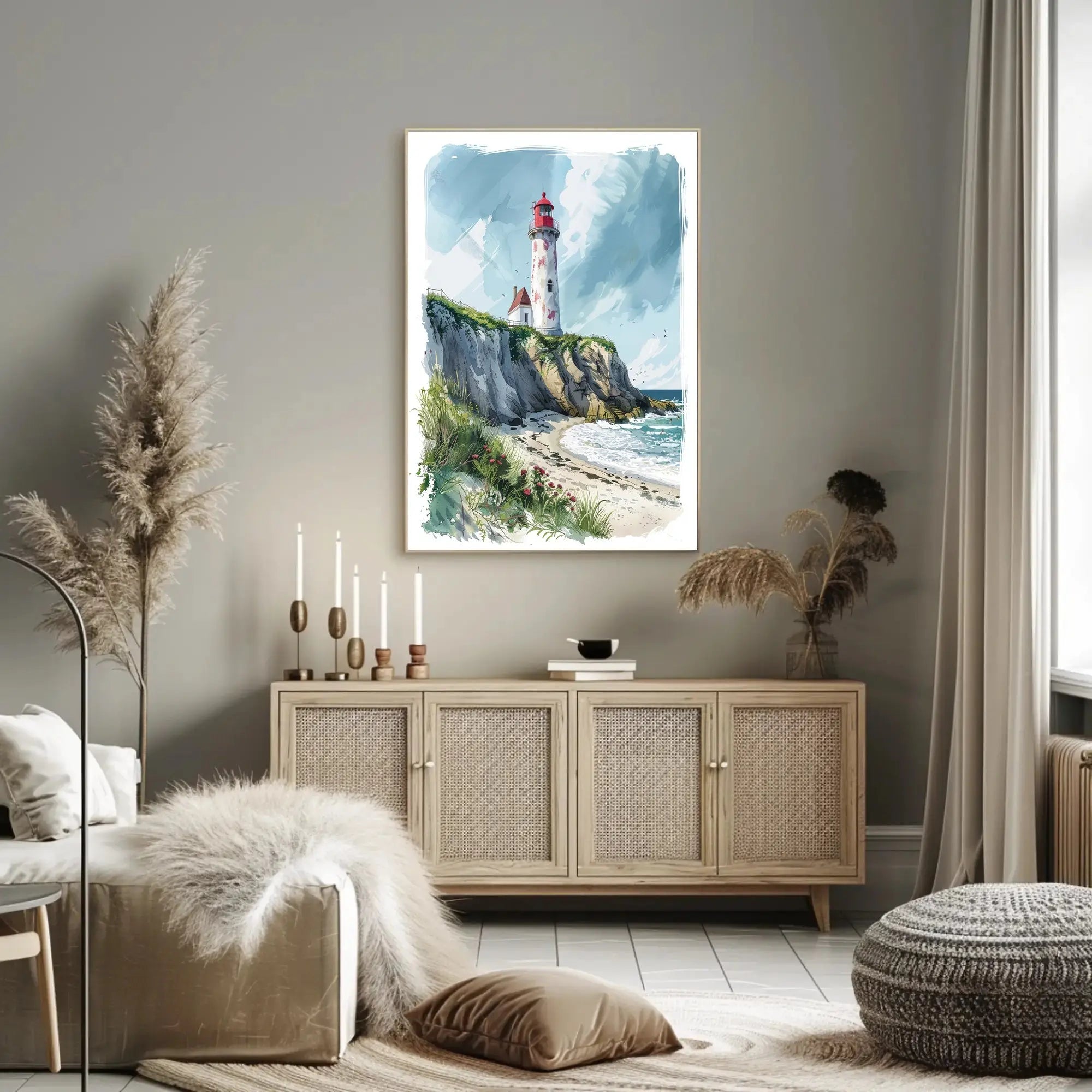 Coastal Scene with Lighthouse in Artistic Travel Poster PosterGoat
