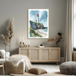 Coastal Scene with Lighthouse in Artistic Travel Poster PosterGoat